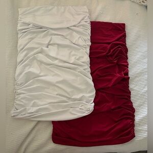 Ruched Midi Skirts in White and Burgundy - Bundle - Double Lined - Elastic Waist